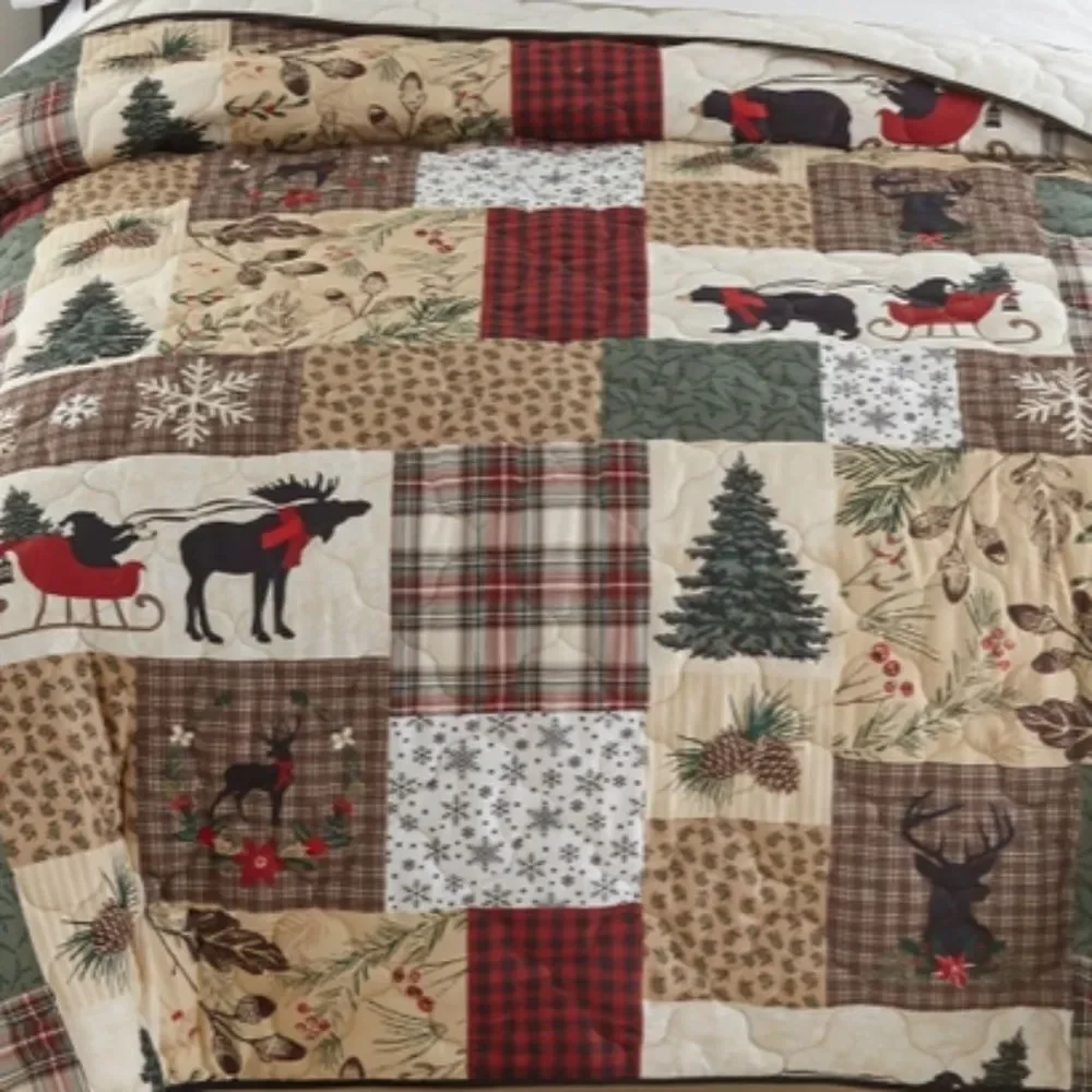 Christmas Patchwork Printed King Quilt Set Country Lodge Plaid Rustic Cabin